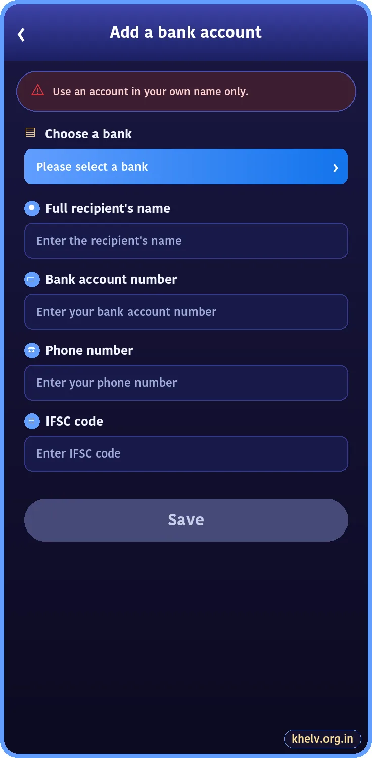 Khelv add bank account screen