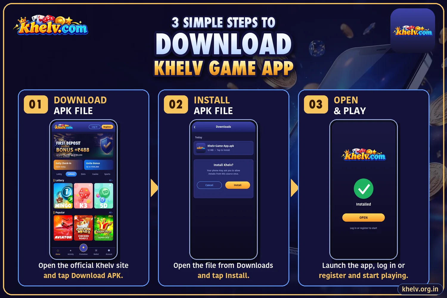 3 steps to download the Khelv game app